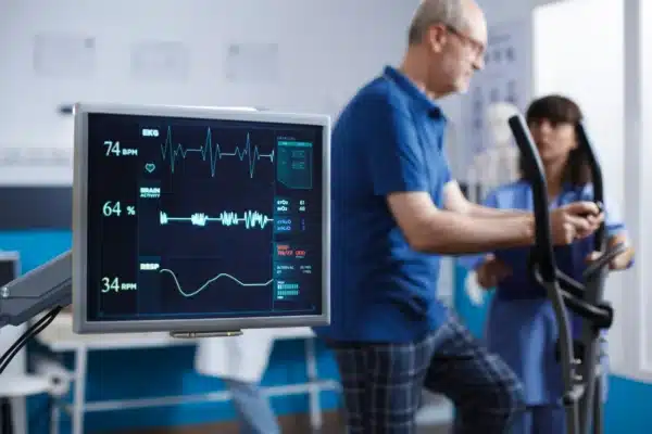 heart rate monitor taking pulse of elderly man on exercise bike with nurse to assist at his side